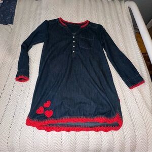 Adorable Hand Crochet Heart Embellished Denim Dress- Large